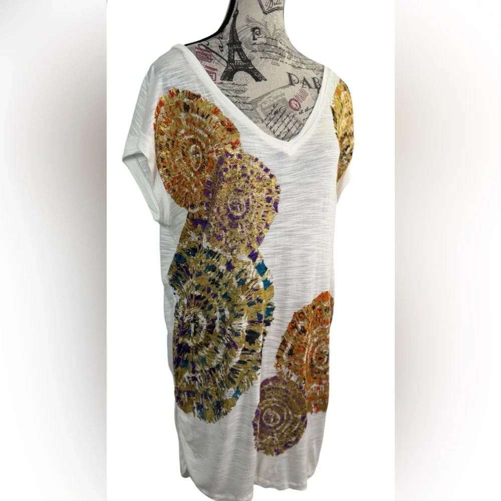 Cupio Cream Abstract Medallion V-Neck Slub Knit Top Size Large - Picture 2 of 11